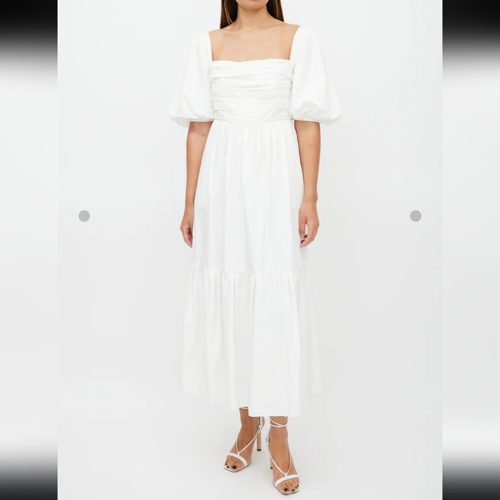 NWT Self Portrait White Taffeta Puff Sleeve Midi Dress Size 4